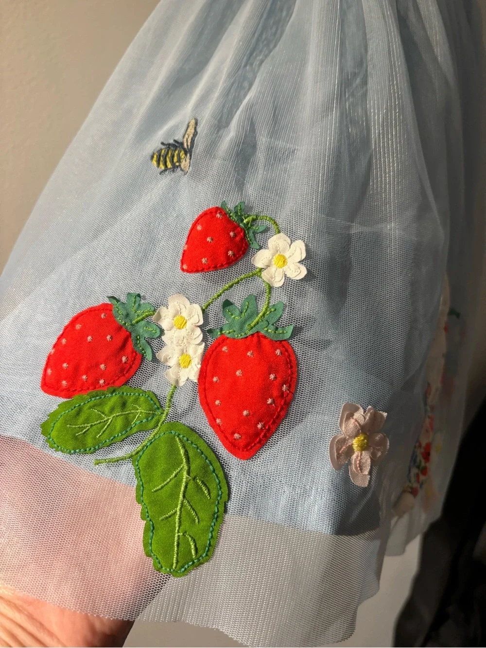 Mini Boden Light Blue Bunny & Strawberry Tulle Dress 8-9Y